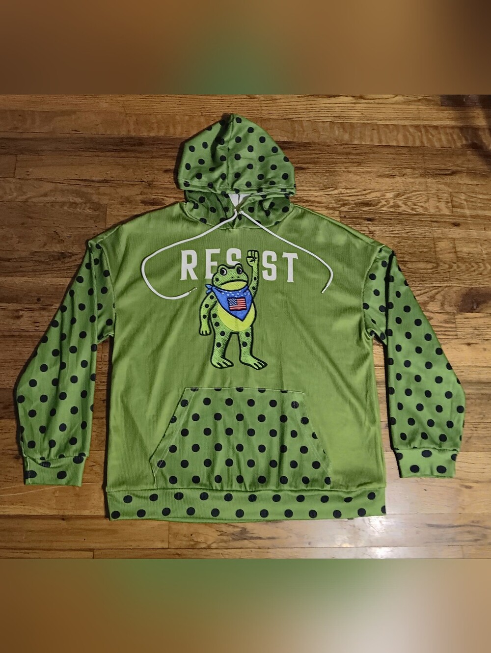 Portland Frog Resist Green Polka Dot Hoodie NEW peace